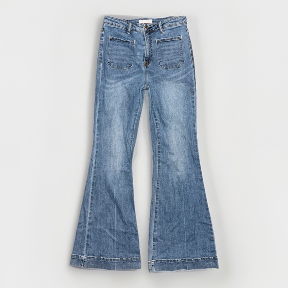 Risen Jeans Denim - Risen Jeans Womens 11/30 Blue Wash High Rise Patch Front Pockets Flared Wide Leg